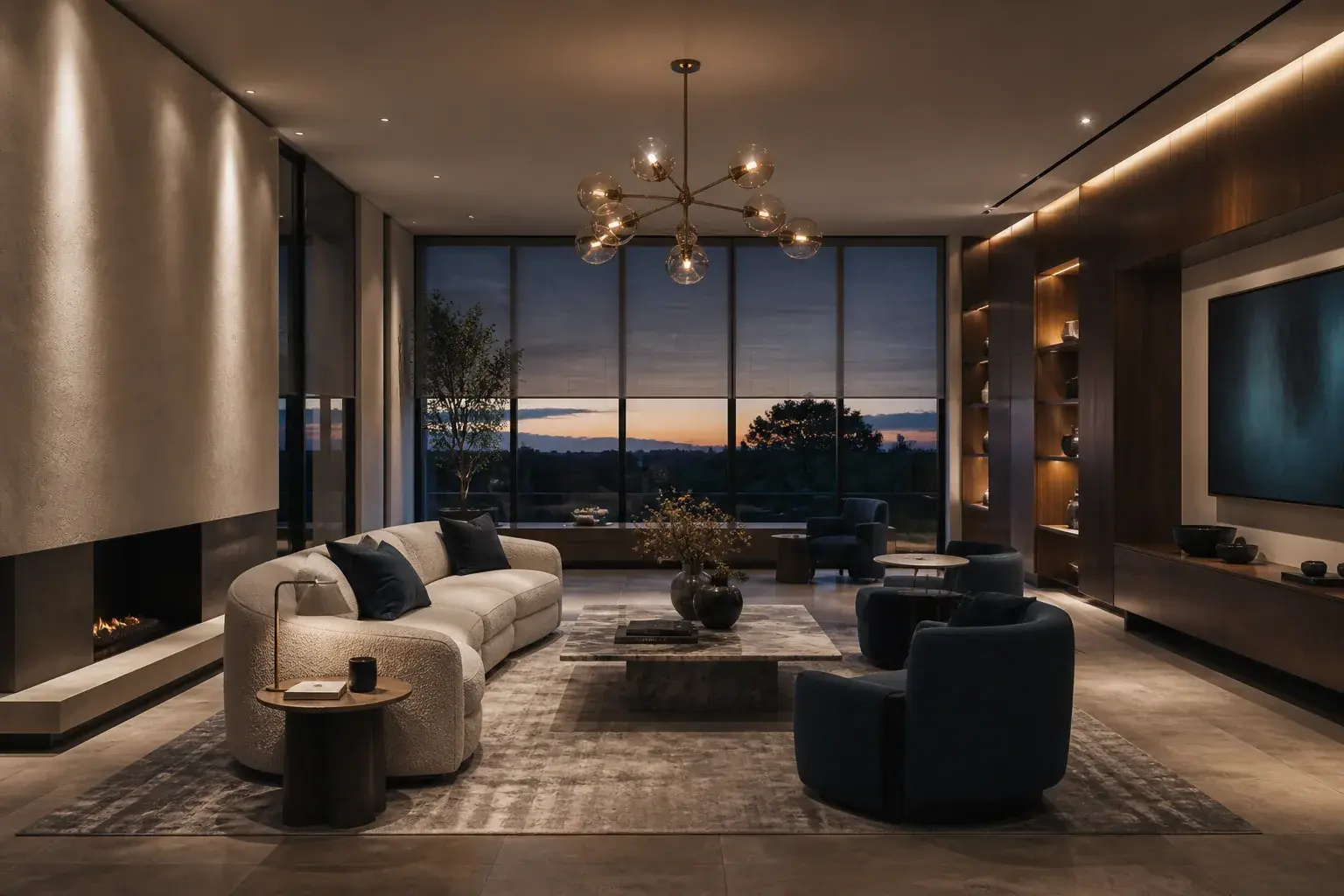 BlueVision ADAC showroom living room at dusk, with lighting, shades, and millwork