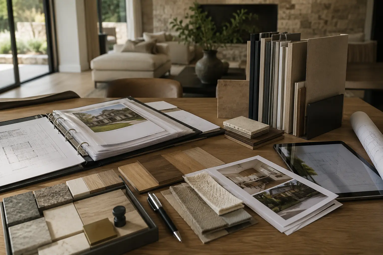 Plans, finish samples, manuals, and a tablet arranged on a worktable inside a finished residence