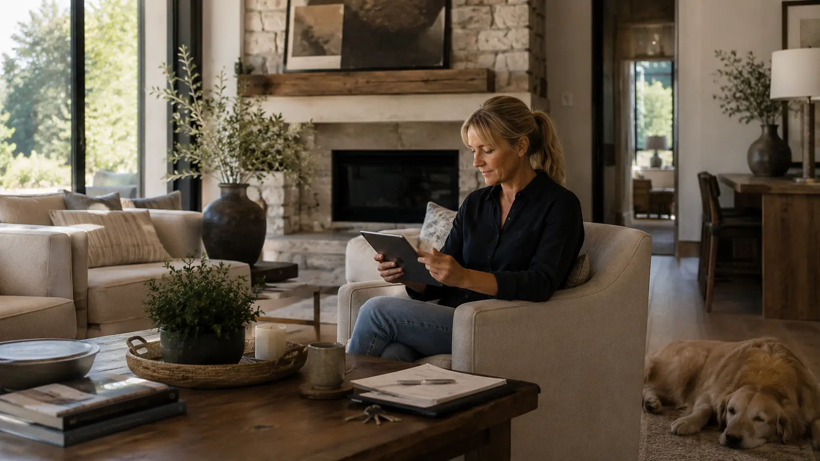 Homeowner reviewing property information in a lived-in residence, with a dog resting nearby