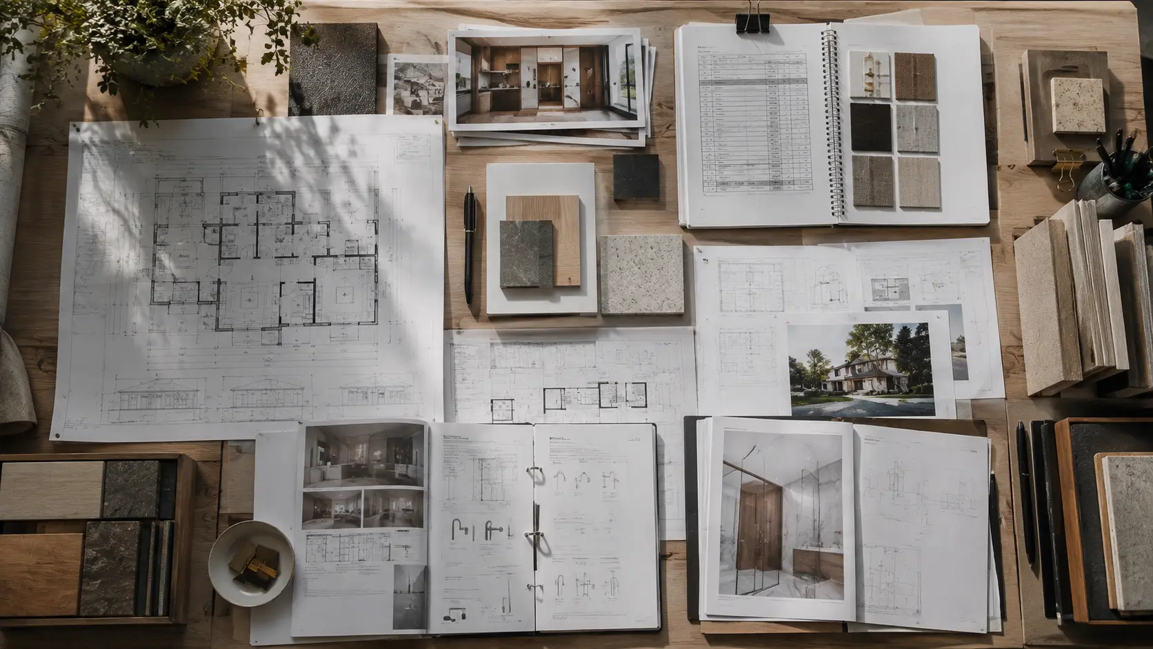 Overhead view of floor plans, finish samples, manuals, and site photographs arranged as one project record
